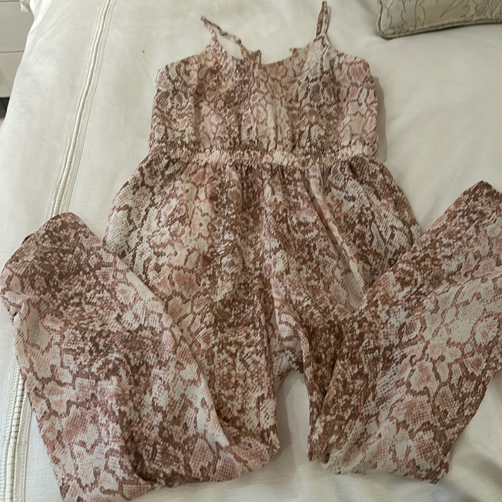 Wayf lizard pink and brown pattern silky jumpsuit size medium.